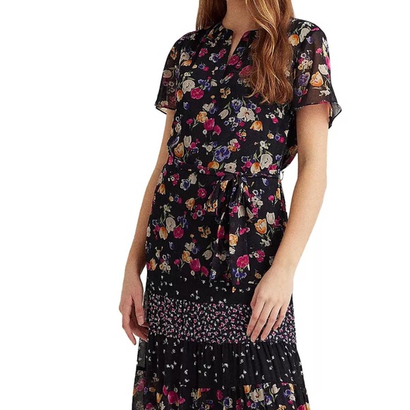 LAUREN RALPH LAUREN MIXED FLORAL CRINKLED GEORGETTE MAXIDRESS - Picture 3 of 6